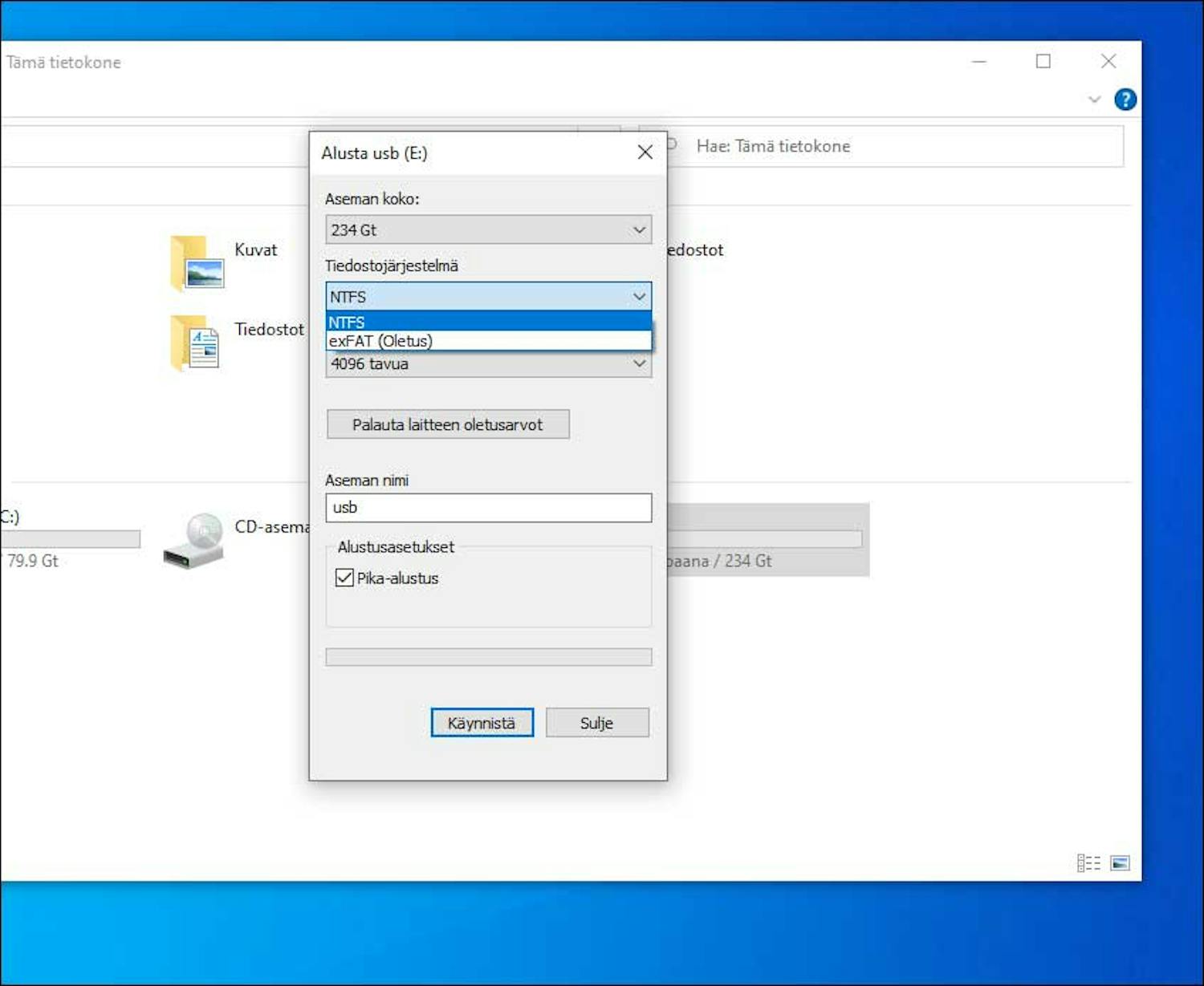 Vaihe 2: Valitse NTFS-tiedostojärjestelmä, jos haluat alustaa kiintolevyn.
